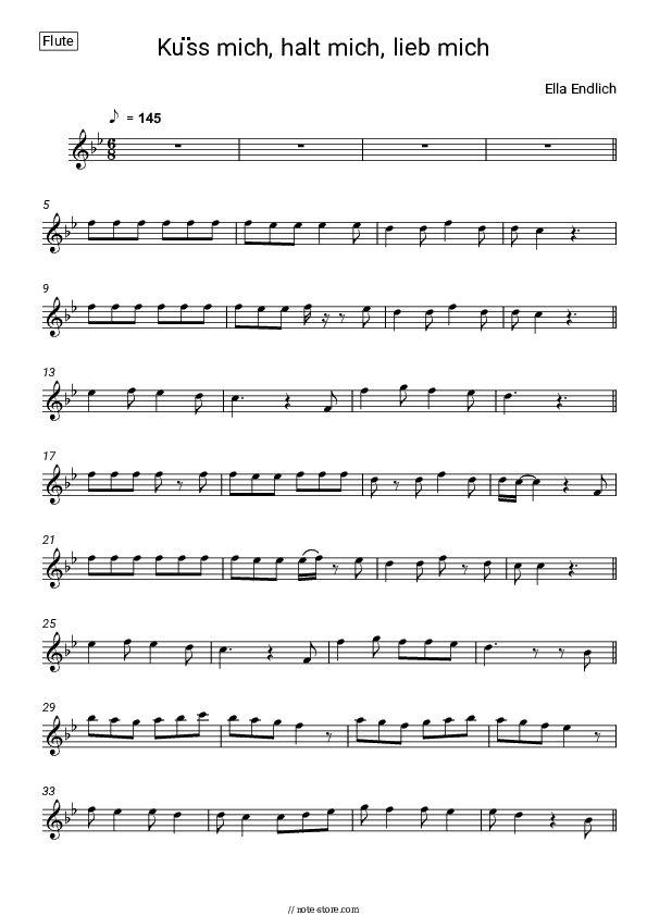 Kuss mich, halt mich, lieb mich - Ella Endlich Flute Sheet Music - Flute