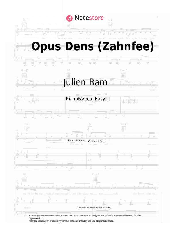 Opus Dens (Zahnfee) - Julien Bam, Georgia Cavallo Piano Sheet Music Easy and Vocal - Piano&Vocal.Easy