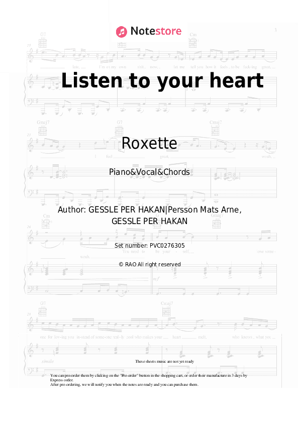 Listen to your heart - Roxette Piano Sheet Music with the Vocal and Chords - Piano&Vocal&Chords
