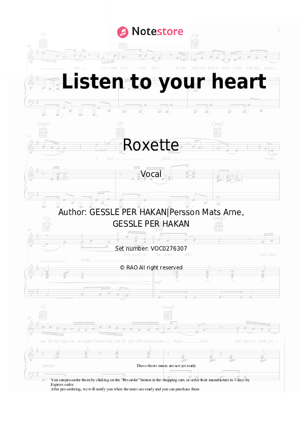 Listen to your heart - Roxette Vocal Sheet Music - Vocal