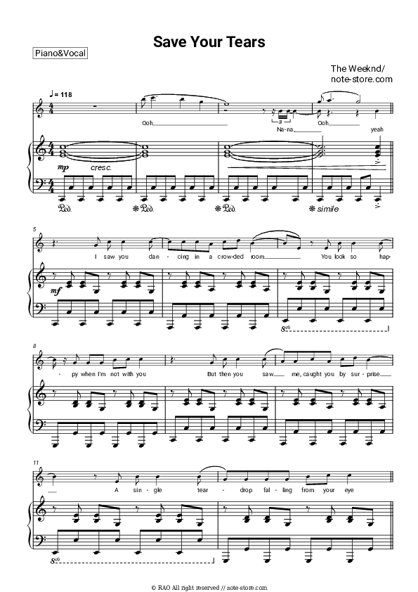 Save Your Tears - The Weeknd Piano Sheet Music with the Voice part - Piano&Vocal