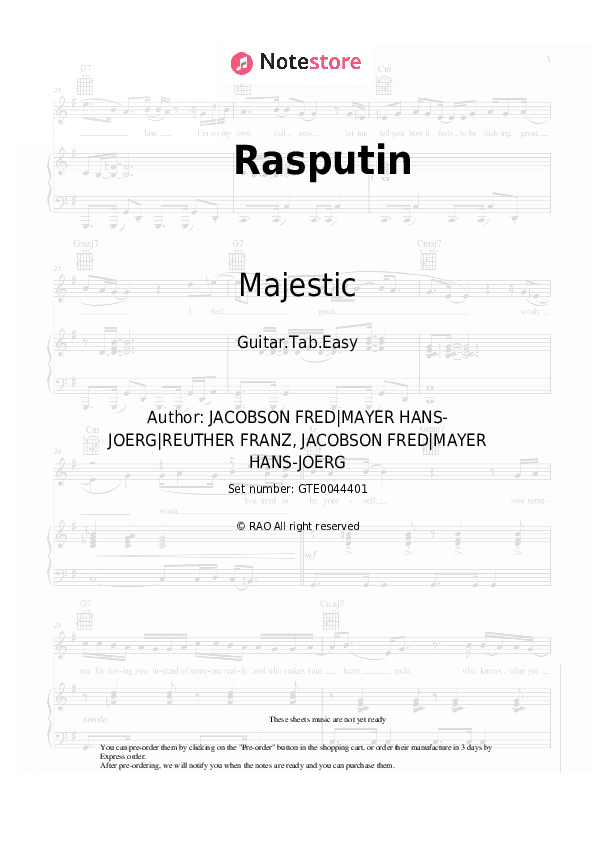 Rasputin - Majestic, Boney M Tabs Easy - Guitar.Tab.Easy